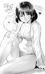 Rule 34 | 1girl, belly, bra, breasts, cleavage, greyscale, heart, highres, large breasts, monochrome, navel, open clothes, open shirt, original, orushibu, panties, polka dot, polka dot bra, polka dot panties, shirt, short hair, simple background, solo, spoken heart, stuffed animal, stuffed toy, teddy bear, translation request, underwear, white background