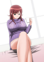 Rule 34 | 1girl, akana rui, bed, bottomless, breasts, chousoku henkei gyrozetter, coffee mug, cup, dutch angle, covered erect nipples, female focus, green eyes, highres, huge breasts, indoors, large breasts, legs, crossed legs, light smile, long hair, looking at viewer, mug, naughty face, on bed, red hair, ribbed sweater, satou chagashi, shirt, sitting, solo, sweater, taut clothes, taut shirt, thighs, turtleneck, window