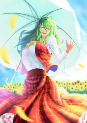 Rule 34 | 1girl, ascot, backlighting, blue sky, breasts, buttons, cloud, collarbone, day, field, fingernails, flower, flower field, frilled skirt, frills, garden of the sun, green hair, grin, hair between eyes, hand up, highres, holding, holding umbrella, kazami yuuka, large breasts, long fingernails, long hair, looking at viewer, open clothes, open mouth, open vest, outdoors, parasol, petals, plaid, plaid skirt, plaid vest, shirt, skirt, sky, smile, solo, suigetu26, sunflower, sunflower field, touhou, umbrella, vest, yellow ascot