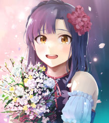 Rule 34 | 1girl, :d, bouquet, braid, brown eyes, detached sleeves, flower, highres, hinoshita akame, holding, holding bouquet, idolmaster, idolmaster million live!, long hair, looking at viewer, nanao yuriko, neck ribbon, open mouth, pink ribbon, purple hair, ribbon, short sleeves, smile, solo, upper body, white flower, white sleeves