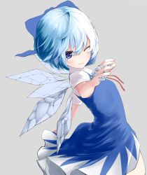 Rule 34 | 1girl, ahoge, amazaki ria, bad id, bad twitter id, blue bow, blue dress, blue eyes, blue hair, bow, cirno, closed mouth, dress, from side, grey background, hair bow, highres, ice, ice wings, looking at viewer, one eye closed, short hair, short sleeves, simple background, solo, touhou, wings