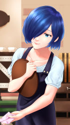 Rule 34 | 1girl, absurdres, black dress, blue eyes, blue hair, closed mouth, collarbone, cup, dress, hair over one eye, hand up, highres, holding, holding paper, holding tray, indoors, kirishima touka, paper, shirt, short hair, short sleeves, solo, tokyo ghoul, tokyo ghoul:re, tomato (akait0mat0), tray, white shirt