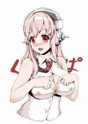 Rule 34 | 1girl, bai linqin, bare shoulders, blush, breasts, covered erect nipples, headphones, highres, kupaa, large breasts, long hair, necktie, nitroplus, open mouth, paizuri invitation, pink hair, red eyes, shirt, simple background, smile, solo, super sonico, white background