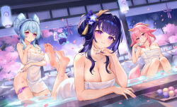 3girls absurdres alternate_breast_size animal_ears barefoot bathing blue_hair breasts cleavage closed_mouth commentary_request crossed_ankles feet feet_up fox_ears genshin_impact hair_between_eyes highres lalazyt large_breasts long_hair looking_at_viewer lying multiple_girls naked_towel on_stomach onsen pink_hair pointy_ears purple_eyes raiden_shogun smile soles the_pose toes towel yae_miko yumemizuki_mizuki