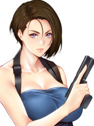 Rule 34 | 1girl, bare shoulders, blue eyes, blue tube top, breasts, brown hair, cleavage, collarbone, commentary request, fingernails, gun, handgun, highres, holding, holding gun, holding weapon, jill valentine, large breasts, lips, looking at viewer, parted bangs, resident evil, resident evil 3, resident evil 3: nemesis, resident evil 3 (remake), shiny skin, short hair, simple background, solo, strapless, trigger discipline, tube top, upper body, weapon, white background, zucchini