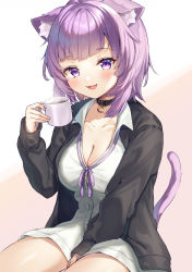 Rule 34 | 1girl, absurdres, animal ear fluff, animal ears, between legs, black choker, black jacket, blush, breasts, cat ears, cat girl, cat tail, choker, cleavage, collarbone, collared shirt, commentary request, cowboy shot, cup, dress shirt, fang, hand between legs, highres, hiyorou, holding, holding cup, hololive, jacket, large breasts, long sleeves, looking at viewer, medium hair, nekomata okayu, nekomata okayu (oversized shirt), official alternate costume, open clothes, open jacket, open mouth, purple eyes, purple hair, shirt, simple background, sitting, smile, solo, tail, tail raised, virtual youtuber, white shirt
