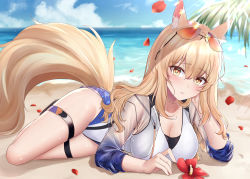 Rule 34 | 1girl, animal ears, arknights, beach, blonde hair, blurry, blush, breasts, brown eyes, cleavage, commission, depth of field, eyewear on head, flower, full body, head rest, highres, horse ears, horse girl, horse tail, jyu-so, large breasts, long hair, long sleeves, looking at viewer, nearl (arknights), nearl (shimmering dew) (arknights), official alternate costume, one-piece swimsuit, outdoors, parted lips, petals, pixiv commission, see-through, solo, sunglasses, swimsuit, tail, thigh strap, thighs