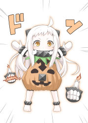 Rule 34 | 10s, 1girl, abyssal ship, ahoge, alternate costume, colored skin, fujishima shinnosuke, halloween, horns, jack-o&#039;-lantern, kantai collection, long hair, looking at viewer, mittens, northern ocean princess, outstretched arms, spread arms, translation request, white hair, white skin, yellow eyes