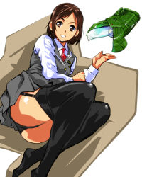 Rule 34 | 1girl, aircraft, arm up, ass, black thighhighs, brown eyes, brown hair, buttons, commentary, crystal, diamond (gemstone), double-breasted, drone, energy weapon, fire-mirror, flying submarine, garter straps, gem, godzilla (series), godzilla vs. biollante, grey panties, grey skirt, grey vest, gunship, jacket, japan air self-defense force, japan maritime self-defense force, japan self-defense force, kamisimo 90, kneepits, long sleeves, looking at viewer, lying, military, military vehicle, mirror, on side, open mouth, original, panties, pleated skirt, red neckwear, school uniform, ship, shirt, short hair, skirt, solo, submarine, super-x2, thighhighs, toho, underwear, uniform, unmanned aerial vehicle, unmanned combat aerial vehicle, unmanned underwater vehicle, vest, vtol, warship, watercraft, white shirt