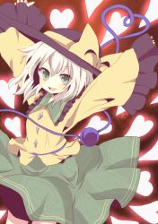 Rule 34 | 1girl, bad id, bad pixiv id, bow, danmaku, female focus, green eyes, grey hair, hat, heart, heart of string, highres, komeiji koishi, mari audio, open mouth, outstretched arms, smile, solo, touhou