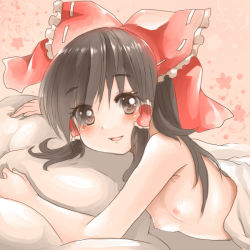 Rule 34 | 1girl, afterglow, bed, bed sheet, black eyes, black hair, blush, bow, breasts, face, female focus, flat chest, hair bow, hair ribbon, hakurei reimu, happy, long hair, looking at viewer, lying, mosho, naked sheet, nipples, nude, on stomach, pillow, ribbon, small breasts, smile, solo, touhou