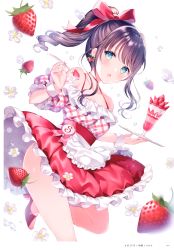 Rule 34 | 1girl, absurdres, apron, artist name, bare shoulders, black hair, blue eyes, blush, bow, breasts, buttons, collarbone, dress, earrings, fingernails, floral background, flower, food, food-themed earrings, food themed earrings, frills, fruit, hair bow, high heels, highres, holding, ice cream, jewelry, long hair, looking at viewer, medium breasts, open mouth, original, page number, ponytail, puffy short sleeves, puffy sleeves, red footwear, scan, shiny skin, short dress, short sleeves, skirt, solo, spoon, strawberry, strawberry earrings, thighs, tray, waist apron, wasabi (sekai), wrist cuffs