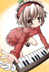 Rule 34 | 1girl, akou roushi, alternate costume, blush, brown eyes, brown hair, female focus, hat, instrument, keyboard (instrument), looking at viewer, lyrica prismriver, ribbed sweater, short hair, simple background, skirt, smile, solo, sweater, touhou