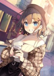 Rule 34 | 1girl, :d, bare shoulders, black hat, black skirt, blue eyes, blush, brown hair, brown jacket, collarbone, cup, day, disposable cup, grin, hair ornament, hat, highres, holding, holding cup, jacket, lens flare, long sleeves, looking at viewer, off shoulder, open clothes, open jacket, open mouth, original, outdoors, parted lips, plaid, plaid jacket, short hair, skirt, smile, solo, sunlight, upper body, x hair ornament, yushima