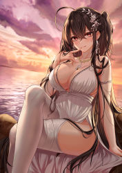 Rule 34 | 1girl, absurdres, azur lane, backless dress, backless outfit, blush, bratja, breasts, brown hair, center opening, cleavage, cocktail dress, crossed legs, dress, earrings, evening gown, finger to mouth, hair between eyes, hair strand, highres, jewelry, large breasts, long hair, looking at viewer, official alternate costume, outdoors, plunging neckline, red eyes, ring, satin dress, sitting, sleeveless, sleeveless dress, solo, sunset, taihou (azur lane), taihou (temptation on the sea breeze) (azur lane), very long hair, water, wedding dress, wedding ring, white dress, white legwear