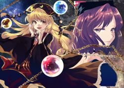 Rule 34 | 2girls, blonde hair, chain, chinese clothes, earth (ornament), hand on own cheek, hand on own face, hat, hecatia lapislazuli, junko (touhou), katayama kei, long hair, moon (ornament), multiple girls, open mouth, red eyes, red hair, smile, touhou, wide sleeves
