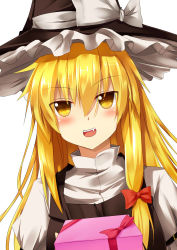 Rule 34 | 1girl, black hat, black vest, blonde hair, blush, bow, commentary request, cookie (touhou), fang, gift, hair between eyes, hair bow, hat, hat bow, highres, holding, holding gift, kirisame marisa, long hair, looking at viewer, open mouth, red bow, shirt, simple background, smile, solo, szk, touhou, upper body, uzuki (cookie), vest, white background, white bow, white shirt, witch hat, yellow eyes
