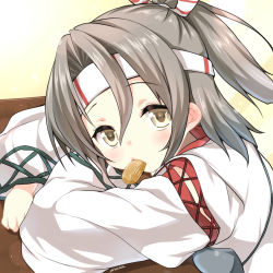 Rule 34 | 10s, 1girl, absurdres, artist name, blush, brown hair, food, head rest, headband, highres, japanese clothes, kantai collection, looking at viewer, mouth hold, muneate, ryuki (ryukisukune), signature, solo, yellow eyes, zuihou (kancolle)