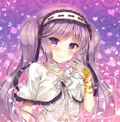 Rule 34 | 1girl, blush, bracelet, capelet, dress, fate/grand order, fate/hollow ataraxia, fate (series), hairband, heart, jewelry, lolita hairband, long hair, purple eyes, purple hair, smile, solo, stheno (fate), stheno (third ascension) (fate), suzunone rena, twintails, white dress