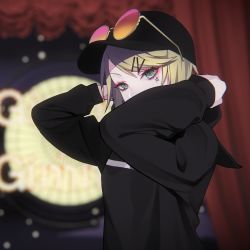 Rule 34 | 1girl, baseball cap, black hat, black hoodie, blonde hair, blurry, blurry background, covered mouth, curtains, depth of field, eyewear on headwear, facial mark, gimmexgimme (vocaloid), green eyes, hair ornament, hairclip, hands up, hat, hood, hood down, hoodie, kagamine rin, lam (ramdayo), long sleeves, looking at viewer, round eyewear, solo, star (symbol), sunglasses, upper body, vocaloid