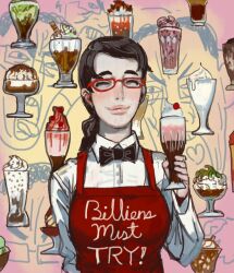 Rule 34 | 1girl, apron, black hair, chudjak, closed eyes, closed mouth, collared shirt, cup, food, glasses, highres, holding, holding cup, ice cream, mossacannibalis, original, red apron, shirt, solo, sundae, white shirt