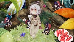Rule 34 | 5girls, :3, astronaut, bad id, bad twitter id, buna shimeji (keymush), clone, cosplay, doremy sweet, flower, forest, grass, hat, kishin sagume, looking at another, looking away, mini person, minigirl, multiple girls, nature, nightcap, nintendo, olimar, olimar (cosplay), open mouth, outdoors, pikmin (creature), pikmin (creature) (cosplay), pikmin (series), pom pom (clothes), silver hair, sitting, tail, touhou, tree, wings