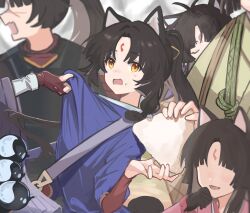 Rule 34 | 6+girls, animal ears, antenna hair, arknights, black gloves, black hair, blue kimono, blurry, blurry background, blush, brown eyes, brown gloves, commentary request, depth of field, dog ears, faceless, faceless female, facial mark, fingerless gloves, food, food on face, forehead mark, gloves, highres, holding, holding food, japanese clothes, kimono, long sleeves, mabing, multiple girls, onigiri, open mouth, parted bangs, ponytail, rice, rice on face, saga (arknights), saga (there they be) (arknights), wavy mouth, wide sleeves
