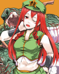 Rule 34 | 1girl, blood, braid, dragon, enpou, female focus, hong meiling, immaterial and missing power, long hair, orange background, red eyes, red hair, solo, touhou, twin braids