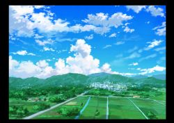 Rule 34 | absurdres, blue sky, border, building, city, cloud, cloudy sky, commentary request, day, highres, hirota (masasiv3), house, landscape, mountain, mountainous horizon, nature, no humans, outdoors, river, road, scenery, sky