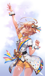 Rule 34 | 1girl, absurdres, ahoge, arm up, asymmetrical sleeves, blonde hair, blue background, blue ribbon, bow, butterfly ornament, buttons, choker, closed eyes, closed mouth, commentary request, cowboy shot, dress, fingernails, glint, gradient background, hair between eyes, hair bow, hand up, highres, ibuki tsubasa, idolmaster, idolmaster million live!, idolmaster million live! theater days, jewelry, light particles, machi (machi333), mismatched sleeves, multicolored ribbon, nouvelle tricolore (idolmaster), outstretched arm, pendant, print dress, puffy short sleeves, puffy sleeves, red ribbon, ribbon, short dress, short hair, short sleeves, shorts, shorts under dress, single tear, smile, solo, song name, sparkle, standing, striped bow, striped ribbon, sweat, tears, wet, wet hair, white background, white bow, white dress, wrist cuffs, yellow choker, yellow ribbon, yellow shorts