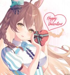 Rule 34 | 1girl, :d, ahoge, animal ears, blue flower, blue rose, blush, box, braid, breasts, brown eyes, brown hair, center frills, collared shirt, commentary request, flower, frills, gift, gift box, glaze artifacts, hair between eyes, hands up, happy valentine, heart-shaped box, highres, holding, holding gift, horse ears, long hair, looking at viewer, medium breasts, mejiro bright (umamusume), open mouth, puffy short sleeves, puffy sleeves, roido (taniko-t-1218), rose, shirt, short sleeves, smile, solo, twitter username, umamusume, valentine, white shirt