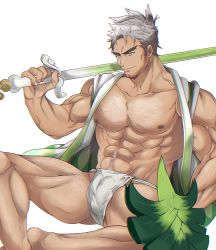 Rule 34 | 1boy, abs, bara, bare arms, bare legs, bare pectorals, beard stubble, bulge, chest hair, closed mouth, collarbone, creatures (company), facial hair, feet out of frame, fundoshi, game freak, gen 8 pokemon, grey hair, highres, holding, holding weapon, japanese clothes, knees apart feet together, kurazon (climb zombie), leg hair, male focus, male underwear, muscular, navel hair, nintendo, nipples, over shoulder, pectorals, personification, pokemon, shield, sideburns, simple background, sirfetch&#039;d, sitting, smile, solo, spread legs, spring onion, stubble, thick eyebrows, underwear, veins, weapon, weapon over shoulder, white background, white male underwear