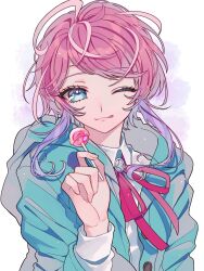 Rule 34 | 1boy, ;q, amemura ramuda, ao (ao0 0nemu), blue eyes, blue jacket, closed mouth, collared shirt, commentary request, hand up, highres, hood, hood down, hooded jacket, hypnosis mic, jacket, long sleeves, looking at viewer, male focus, neck ribbon, one eye closed, pink hair, pink ribbon, ribbon, shirt, short hair, sidelocks, smile, solo, tongue, tongue out, upper body, white shirt