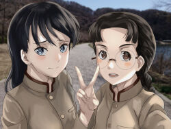 Rule 34 | 2girls, black hair, blue eyes, blurry, blurry background, braid, brown eyes, brown jacket, chi-hatan school uniform, closed mouth, commentary request, day, depth of field, fukuda haru, girls und panzer, glasses, high collar, jacket, kubota rin, light blush, long hair, long sleeves, looking at viewer, low twin braids, low twintails, multiple girls, nmz zmn, open mouth, outdoors, parted bangs, partial commentary, rimless eyewear, round eyewear, school uniform, selfie, side-by-side, smile, standing, twin braids, twintails, v