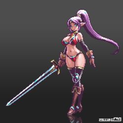 Rule 34 | 1girl, aqua eyes, bikini, boots, breasts, full body, gloves, gradient background, high ponytail, holding, holding sword, holding weapon, large breasts, long hair, mabius, navel, original, pixel art, pointy ears, purple hair, solo, swimsuit, sword, thighhighs, very long hair, weapon