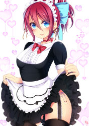 Rule 34 | 1girl, apron, black thighhighs, bloodcatblack, blue bow, blue eyes, bow, bowtie, breasts, center frills, choker, closed mouth, clothes lift, cowboy shot, dress, dress lift, eyebrows, frilled apron, frilled dress, frills, garter straps, hair between eyes, hair bow, heart, highres, lifting own clothes, long hair, looking at viewer, maid, maid apron, maid headdress, panties, phantasy star, phantasy star online 2, plaid, plaid bow, plaid bowtie, plaid neckwear, ponytail, red bow, red bowtie, red hair, short sleeves, side-tie panties, signature, solo, thighhighs, underwear, upskirt, waist apron, white apron, white background, white panties, yasaka hitsugi