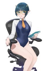 Rule 34 | 1girl, absurdres, artist name, averting eyes, blue eyes, blue hair, blue one-piece swimsuit, blunt bangs, book, breasts, carlo montie, chair, closed mouth, commentary, demon horns, english commentary, feet out of frame, glasses, highleg, highleg swimsuit, highres, holding, holding book, holding pen, horns, long sleeves, lv1 maou to one room yuusha, medium breasts, necktie, office chair, on chair, one-piece swimsuit, orange necktie, pen, pointy ears, short hair, short necktie, simple background, sitting, solo, swimsuit, swivel chair, white background, wing collar, yellow-framed eyewear, zenia (lv1 maou to one room yuusha)