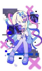 Rule 34 | 1girl, ame-chan (needy girl overdose), black hair, black ribbon, blue bow, blue eyes, blue footwear, blue hair, blue shirt, blue skirt, bow, chouzetsusaikawa tenshi-chan, cursor, error message, food, food on face, full body, hair bow, hair ornament, heart, heart hair ornament, knees up, kondenai613, long hair, long sleeves, looking at viewer, multicolored hair, needy girl overdose, open mouth, pink bow, pink hair, platform footwear, pleated skirt, purple bow, quad tails, ribbon, shirt, shoes, sitting, skirt, smile, solo, twintails, very long hair, window (computing)