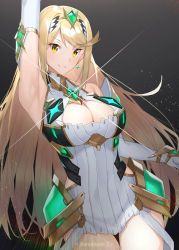 Rule 34 | 1girl, aegis sword (xenoblade), armpits, bare legs, bare shoulders, blonde hair, breasts, chest jewel, cleavage cutout, clothing cutout, dress, earrings, elbow gloves, gem, gloves, headpiece, highres, jewelry, large breasts, long hair, looking at viewer, mythra (xenoblade), raitho, short dress, smile, swept bangs, thigh strap, tiara, very long hair, white dress, white footwear, white gloves, xenoblade chronicles (series), xenoblade chronicles 2, yellow eyes