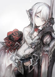 Rule 34 | 1girl, armor, armored dress, breasts, flower, gloves, hasunokaeru, highres, holding, holding sword, holding weapon, looking at viewer, pale skin, rose, grey eyes, silver hair, simple background, sinoalice, skirt, snow white (sinoalice), solo, sword, thighhighs, weapon
