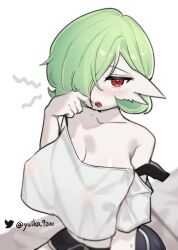 Rule 34 | 1girl, artist name, bare shoulders, black shorts, blurry, blush, bob cut, breasts, cleavage, collarbone, colored skin, covered erect nipples, creatures (company), crop top, crop top overhang, depth of field, drooling, female focus, game freak, gardevoir, gen 3 pokemon, green hair, hair over one eye, half-closed eyes, hand up, highres, huge breasts, looking at viewer, messy hair, nintendo, nipples, no bra, off shoulder, one eye covered, open mouth, personification, pokemon, pokemon (creature), red eyes, saliva, see-through, see-through shirt, shiny skin, shirt, short hair, short shorts, short sleeves, shorts, signature, simple background, sitting, solo, strap slip, teeth, twitter logo, twitter username, upper body, white background, white shirt, white skin, yawning, yuii (yuika9200)