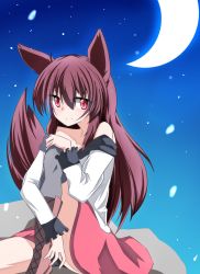 Rule 34 | 1girl, animal ears, bare shoulders, boots, brooch, brown hair, collarbone, crescent moon, cross-laced footwear, dress, gradient background, highres, imaizumi kagerou, jewelry, lace-up boots, long hair, long sleeves, looking at viewer, moon, night, night sky, red eyes, rock, sena kizahashi, sitting, sitting on rock, sky, smile, solo, star (sky), star (symbol), starry sky, tail, touhou, wolf ears, wolf tail