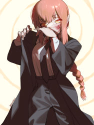 Rule 34 | 1girl, black coat, black necktie, blood, blood on face, blood on hands, braid, braided ponytail, chainsaw man, clothes pull, coat, collared shirt, formal, highres, holding, holding clothes, holding coat, long hair, looking at viewer, makima (chainsaw man), necktie, raneblu, red hair, ringed eyes, shirt, sidelocks, simple background, solo, suit, white shirt, wiping blood, yellow background, yellow eyes