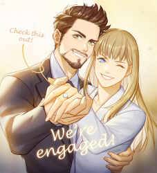 Rule 34 | 1boy, 1girl, animification, arrow (symbol), black jacket, black necktie, blonde hair, blue eyes, brown hair, buttons, collarbone, collared jacket, collared shirt, commentary, couple, english commentary, english text, facial hair, fingernails, ginmu, hand around waist, hand up, hands up, hetero, holding, holding hands, husband and wife, jacket, jewelry, lips, long hair, long sleeves, looking at viewer, marvel, marvel cinematic universe, necktie, one eye closed, pepper potts, ring, shirt, short hair, sidelocks, smile, standing, teeth, tony stark, white jacket, white shirt, yellow eyes