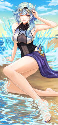 Rule 34 | 1girl, ;), arm support, bare arms, bare legs, bare shoulders, barefoot, beach, black hairband, blue hair, blue nails, blue sky, breasts, caminukai, cloud, commentary, day, eula (genshin impact), eyewear on head, genshin impact, hairband, highres, large breasts, long hair, looking at viewer, nail polish, ocean, one-piece swimsuit, one eye closed, pink lips, sitting, sky, smile, solo, sunglasses, swimsuit, thighs, toenail polish, toenails, water