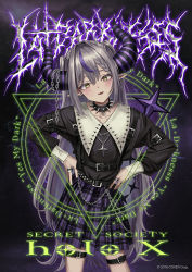 Rule 34 | 1girl, ahoge, arm belt, belt, blush, braid, braided bangs, chain, collar, collarbone, cowboy shot, dark background, demon girl, demon horns, earrings, gishiki (gshk), grey hair, hands on own hips, head tilt, high belt, hololive, holox, horns, jewelry, la+ darknesss, leaning forward, leg belt, light smile, long hair, long sleeves, magic circle, multicolored hair, multiple belts, necklace, parted lips, plaid, plaid skirt, pointy ears, puffy sleeves, purple hair, purple skirt, ring, skirt, sleeve cuffs, slit pupils, solo, spiked collar, spikes, star (symbol), star necklace, streaked hair, thigh belt, thigh strap, twintails, very long hair, virtual youtuber, yellow eyes