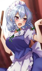 Rule 34 | 1girl, apron, blue dress, braid, breasts, broom, collar, dress, frilled collar, frills, highres, holding, izayoi sakuya, large breasts, looking at viewer, maid apron, maid headdress, medium breasts, open mouth, red eyes, solo, touhou, twin braids, white hair, yosshy