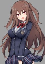 Rule 34 | 1girl, blazer, blue skirt, blush, braid, breasts, brown hair, commentary request, grey background, hair between eyes, highres, jacket, large breasts, long hair, looking at viewer, mole, mole under eye, nakatama kyou, open mouth, original, plaid, plaid skirt, pleated skirt, red eyes, school uniform, sidelocks, simple background, sketch, skirt, smile, solo, two side up, upper body