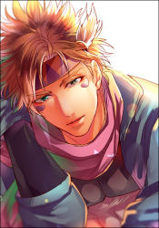 Rule 34 | 1boy, battle tendency, blonde hair, blue jacket, caesar anthonio zeppeli, curled up, facial mark, feather hair ornament, feathers, fingerless gloves, gloves, green eyes, hair ornament, headband, jacket, jojo no kimyou na bouken, layered sleeves, long sleeves, lovehammer, male focus, ribbon, scarf, short over long sleeves, short sleeves, solo