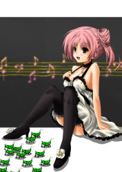 Rule 34 | 1girl, bare shoulders, black thighhighs, blush, breasts, brown eyes, bug, choker, dodome-iro mayonnaise, don&#039;t say &quot;lazy&quot;, dress, female focus, full body, grasshopper, high heels, insect, k-on!, legs, long hair, miura akane, musical note, parody, pink hair, shoes, short hair, sitting, solo, thighhighs